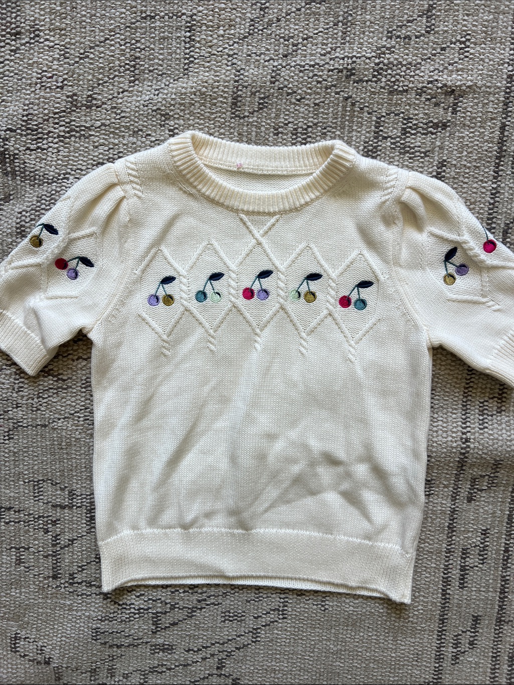 Bonpoint Cream Knit Sweater With Multicolor Cherry Embroidery